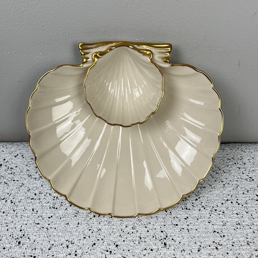 Lenox Aegean Shell Dish 8" White with Gold Trim Serving Bowl Chip Dip Vintage‎
